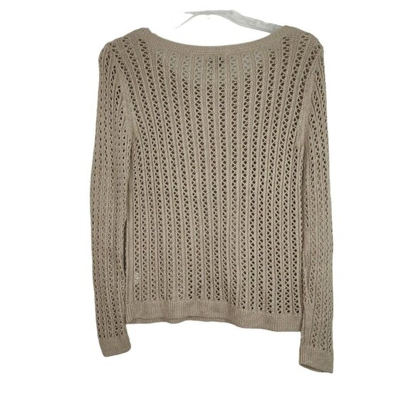 ANA Open Knit Sweater Cotton/Acrylic Women Petite Size PL Tan/Brown Long Sleeve - Picture 3 of 6